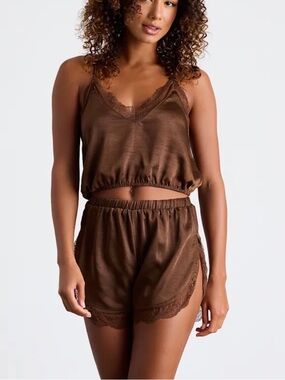 Lulu's Brown Satin Lace Trim Cami & Shorts Sleep Set